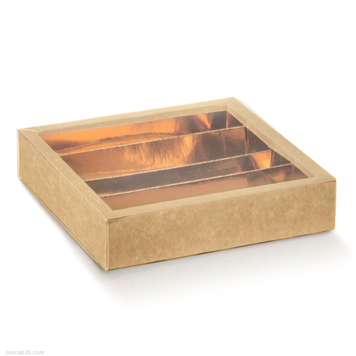 Scatola composta da fondo in cartoncino teso e fascetta di chiusura in pvc trasparente, provvista di inserto separatore modulare in cartoncino accoppiato a poliestere oro, per contenere praline, prodotti dolciari.
 