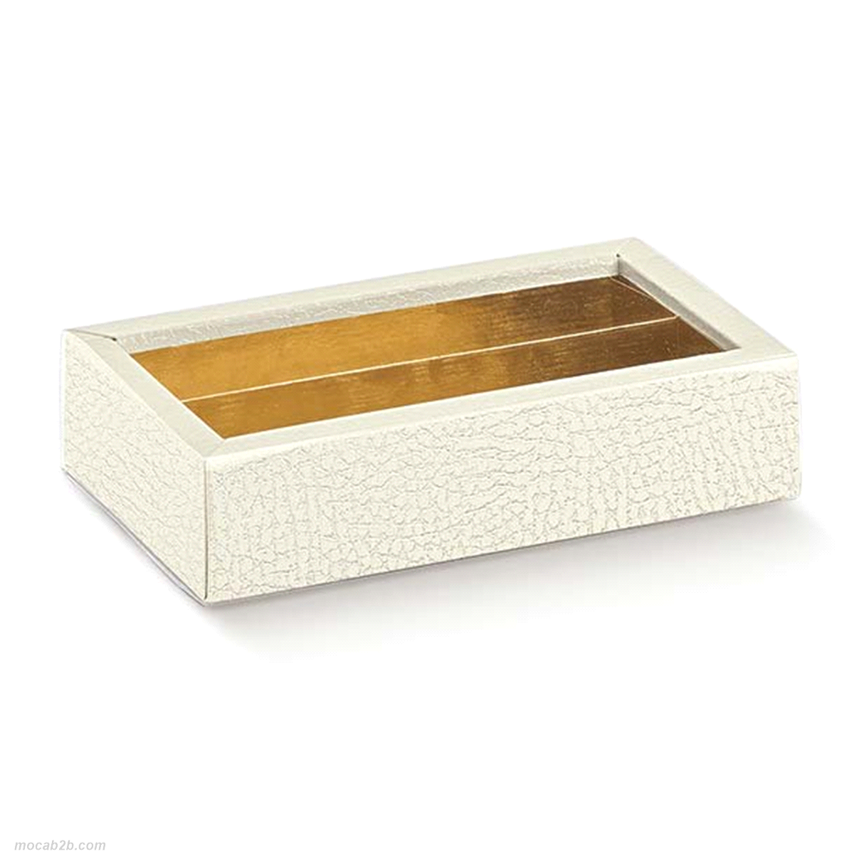 Scatola composta da fondo in cartoncino teso e fascetta di chiusura in pvc trasparente, provvista di inserto separatore modulare in cartoncino accoppiato a poliestere oro, per contenere praline, prodotti dolciari.
 