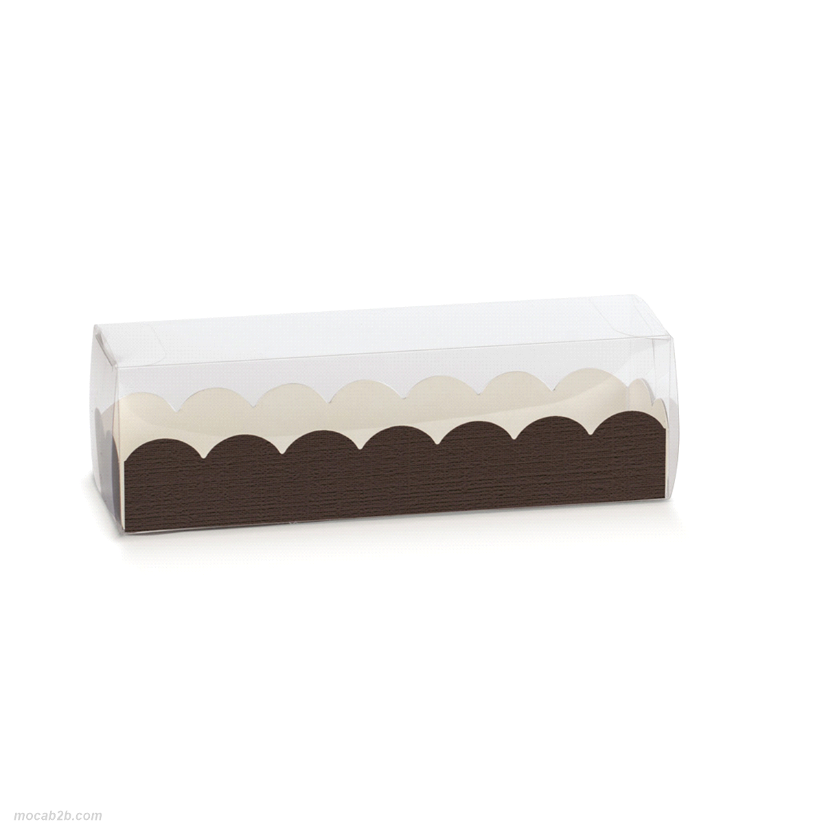 Astuccio trasparente con aperture laterali fornito con fondino goffrato esternamente e realizzato con cartoncino alimentare. Formati ideali per contenere macarons o dolcetti artigianali. 