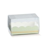 Astuccio trasparente con aperture laterali fornito con fondino goffrato esternamente e realizzato con cartoncino alimentare. Formati ideali per contenere macarons o dolcetti artigianali. 