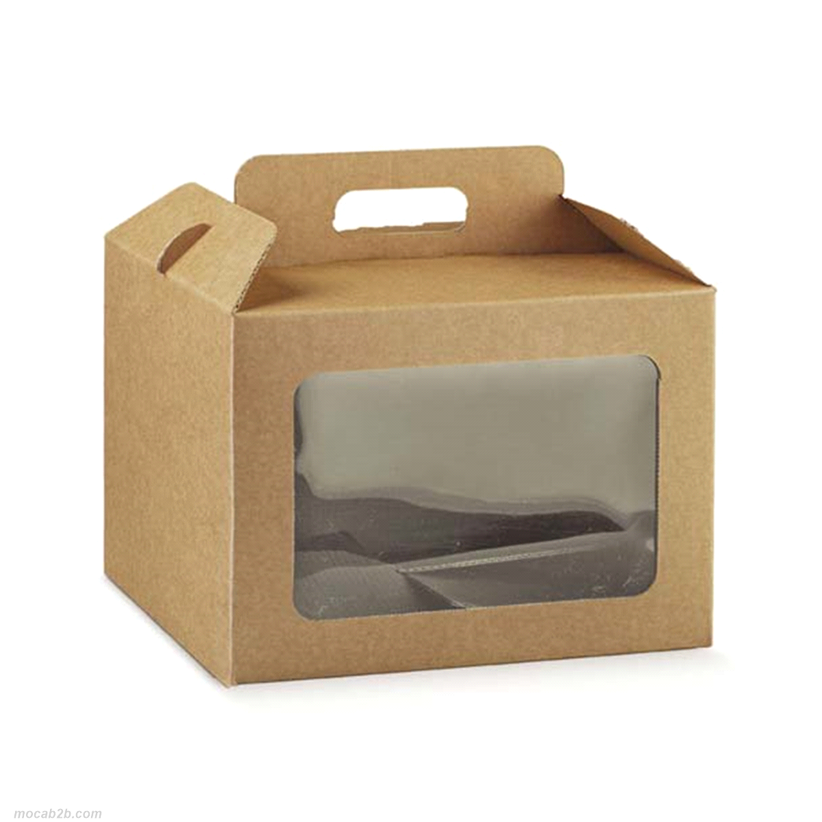 Scatola in cartone accoppiato per confezioni gastronomiche o articoli regalo con maniglia per il trasporto. La finestra trasparente è in materiale PLA biodegradabile e consente la visione dei prodotti.
 