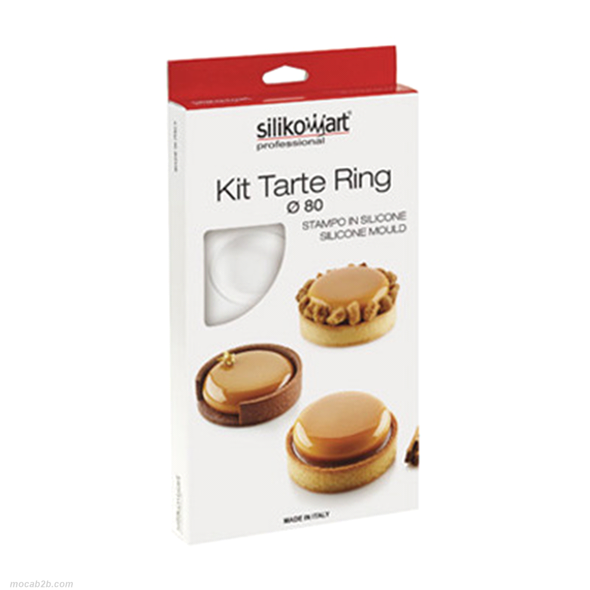 Il kit è composto da due elementi: sei anelli da 80 mm di diametro in materiale termoplastico composito indeformabile adatto all’uso in forno fino a 180°C per la realizzazione della base e uno stampo in silicone composto da sei cavità da 67 mm di diametro ciascuna, che consente di realizzare una mousse o un cremoso da adagiare sopra alla pasta frolla. 