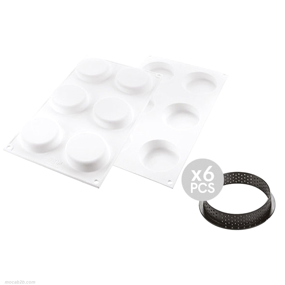 Composto da due elementi: sei anelli da 70 mm di diametro in materiale termoplastico composito indeformabile adatto all’uso in forno per la realizzazione della base e uno stampo in silicone composto da sei cavità 67 h 15 mm ciascuna. 