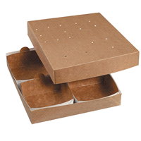 Scatola modulo 250 con base e coperchio in cartone utilizzabile per degustazioni e aperitivi da asporto in abbinamento a vaschetta WA00315. 