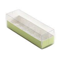 Scatola da 6 macaron trasparente e verde acido con fondino e alveare. Dimensione scatola: 5,5x18,2xh 4,8 cm 