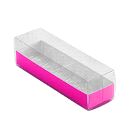 Scatola da 6 macaron trasparente e fuxia con fondino e alveare. Dimensione scatola 5,5x18,2xh 4,8 cm 