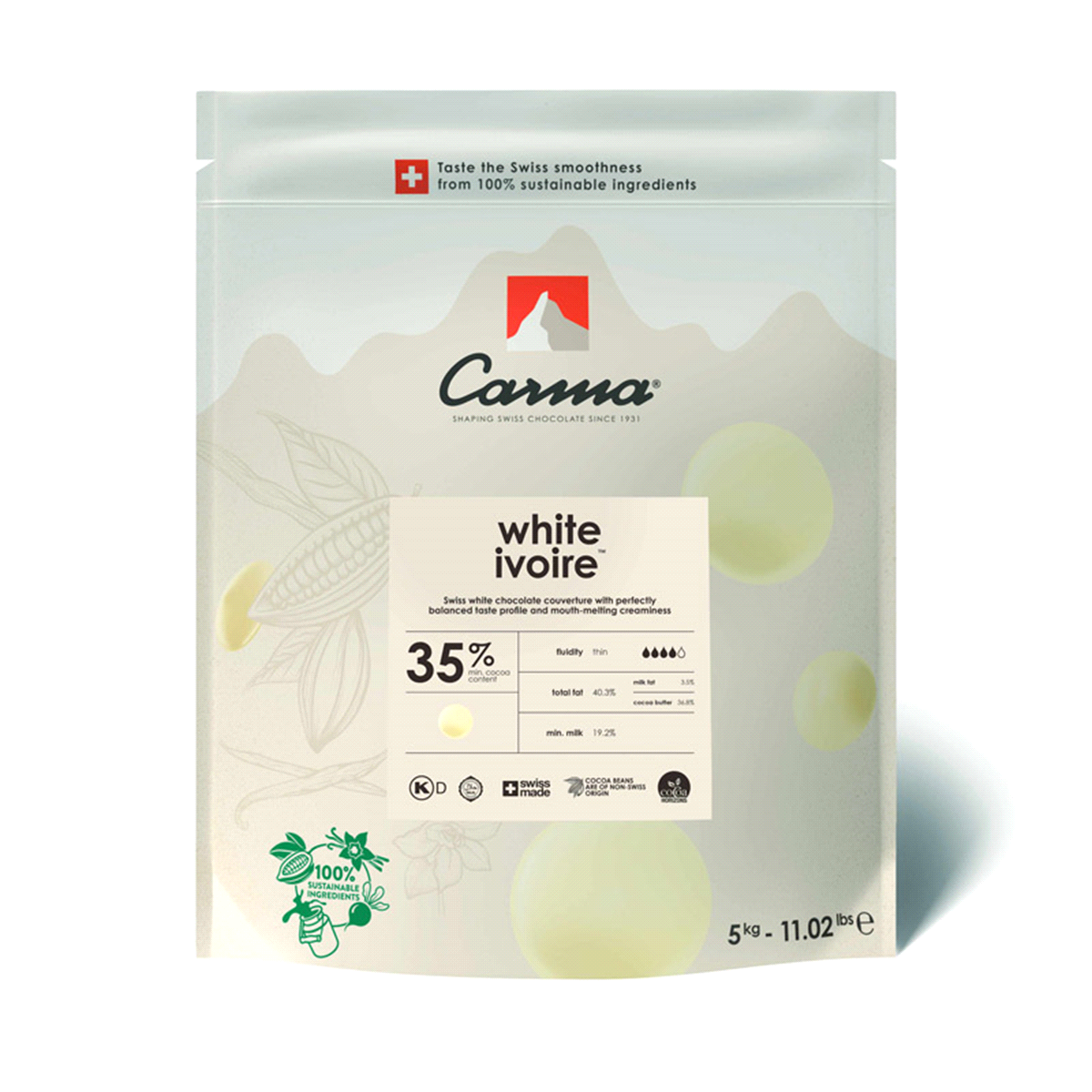 Cioccolato bianco per copertura con una dolcezza cremosa, un equilibrato sapore di latte e sentori di vaniglia del Madagascar, il tutto racchiuso in uno splendido colore avorio. 