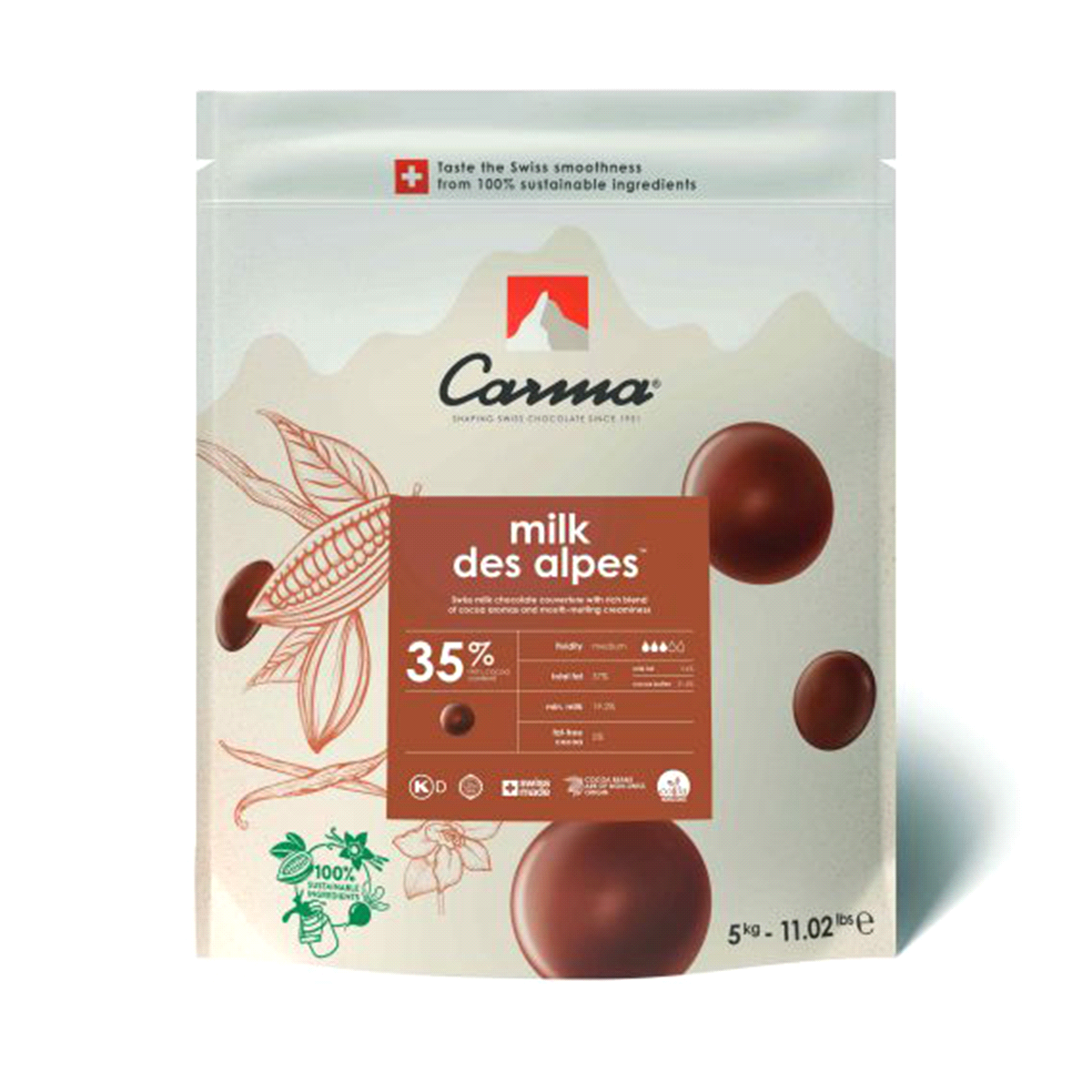 Cioccolato di copertura al latte 35%. Un equilibrio perfetto tra il cacao e il miglior latte svizzero. 
