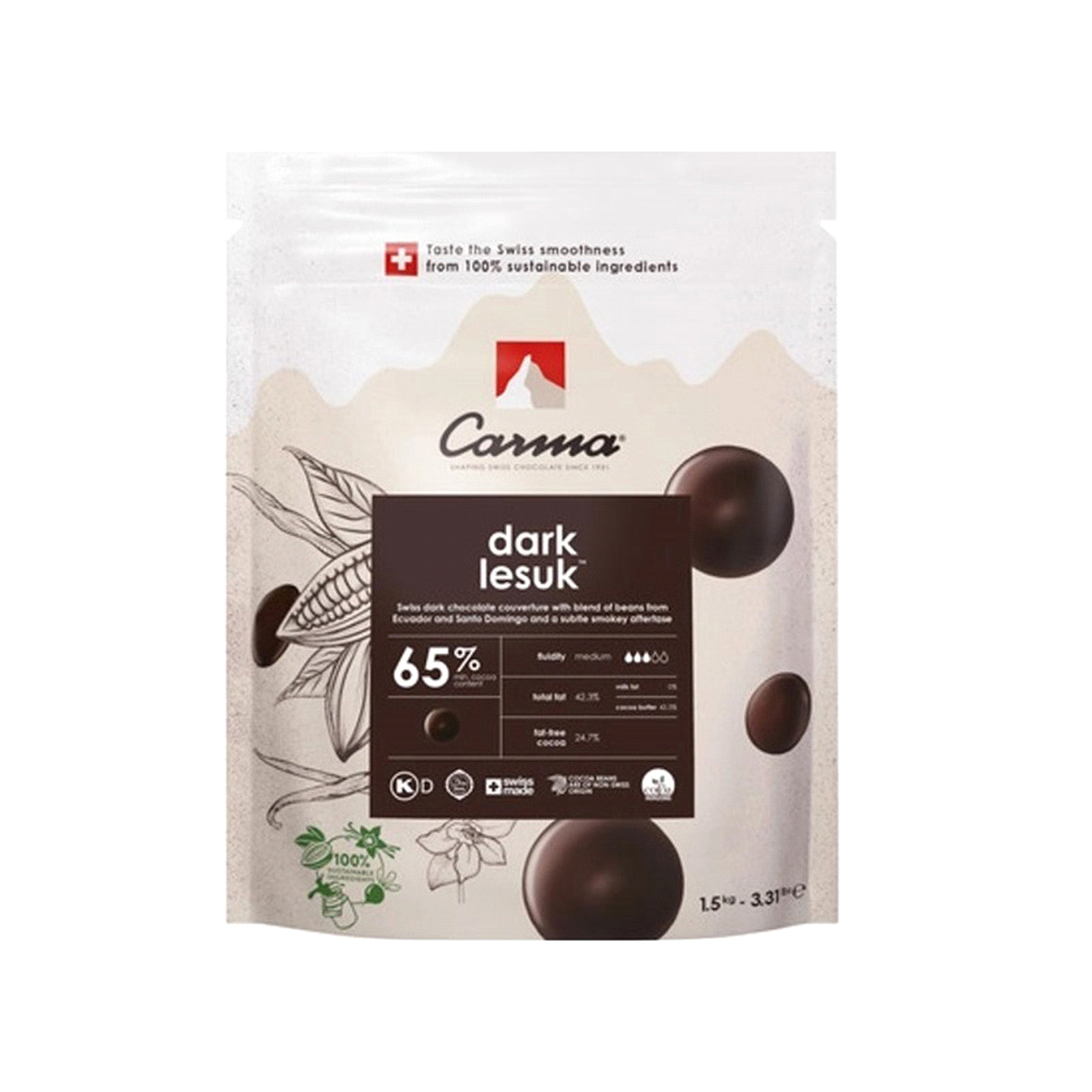 Cioccolato fondente con un contenuto di cacao di 65%. Copertura svizzera scura, realizzata con una miscela di chicchi provenienti dall