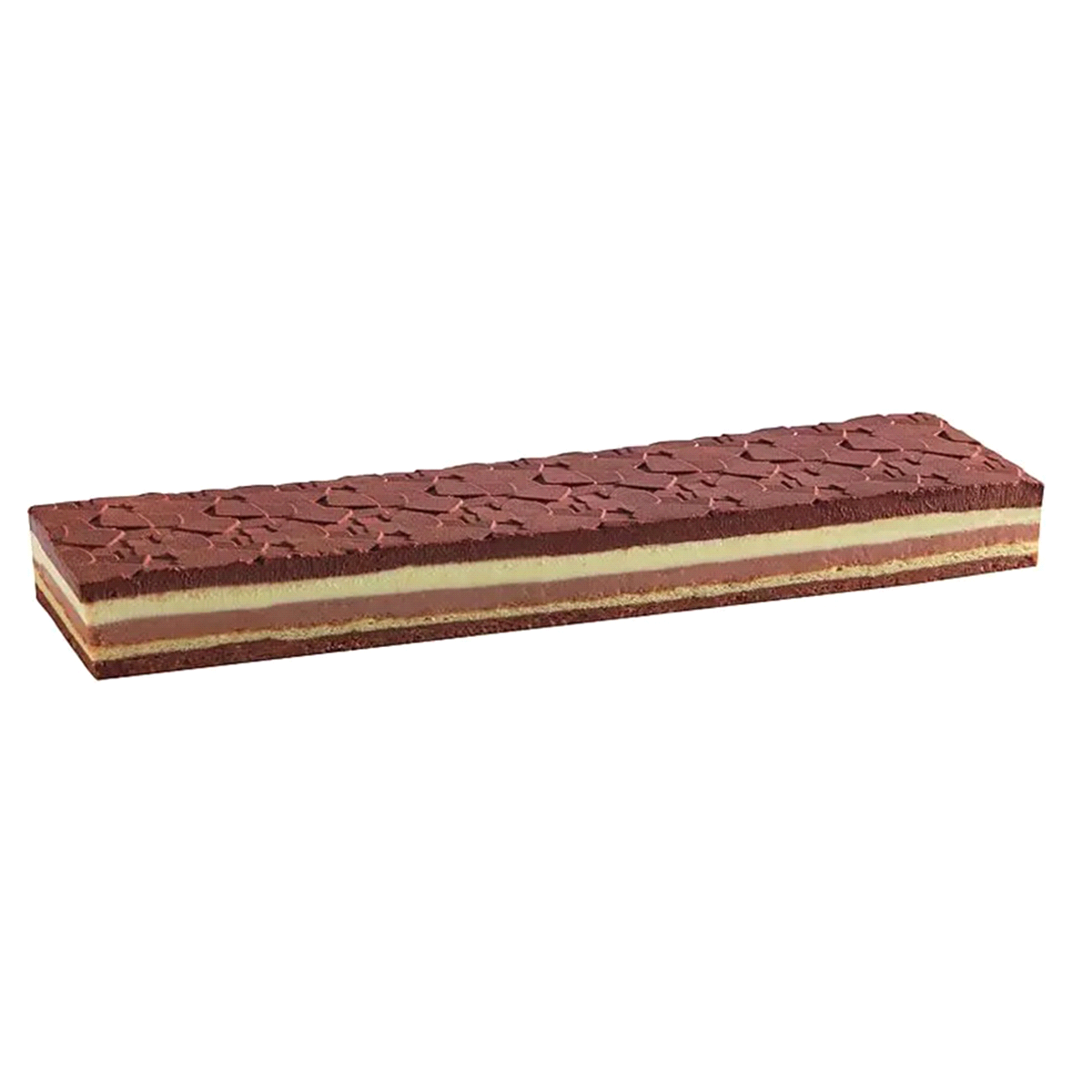 Croccante di praline, mousse al cioccolato bianco, al cioccolato al latte e al cioccolato fondente, biscotto alle mandorle. 