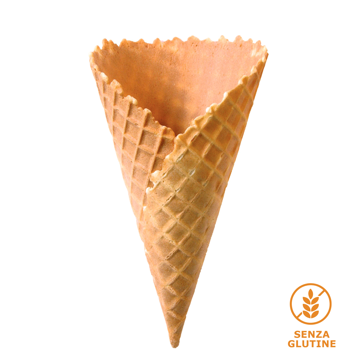 Cono in cialda arrotolato SENZA GLUTINE. Dimensioni: diametro 95mm, altezza 165mm 