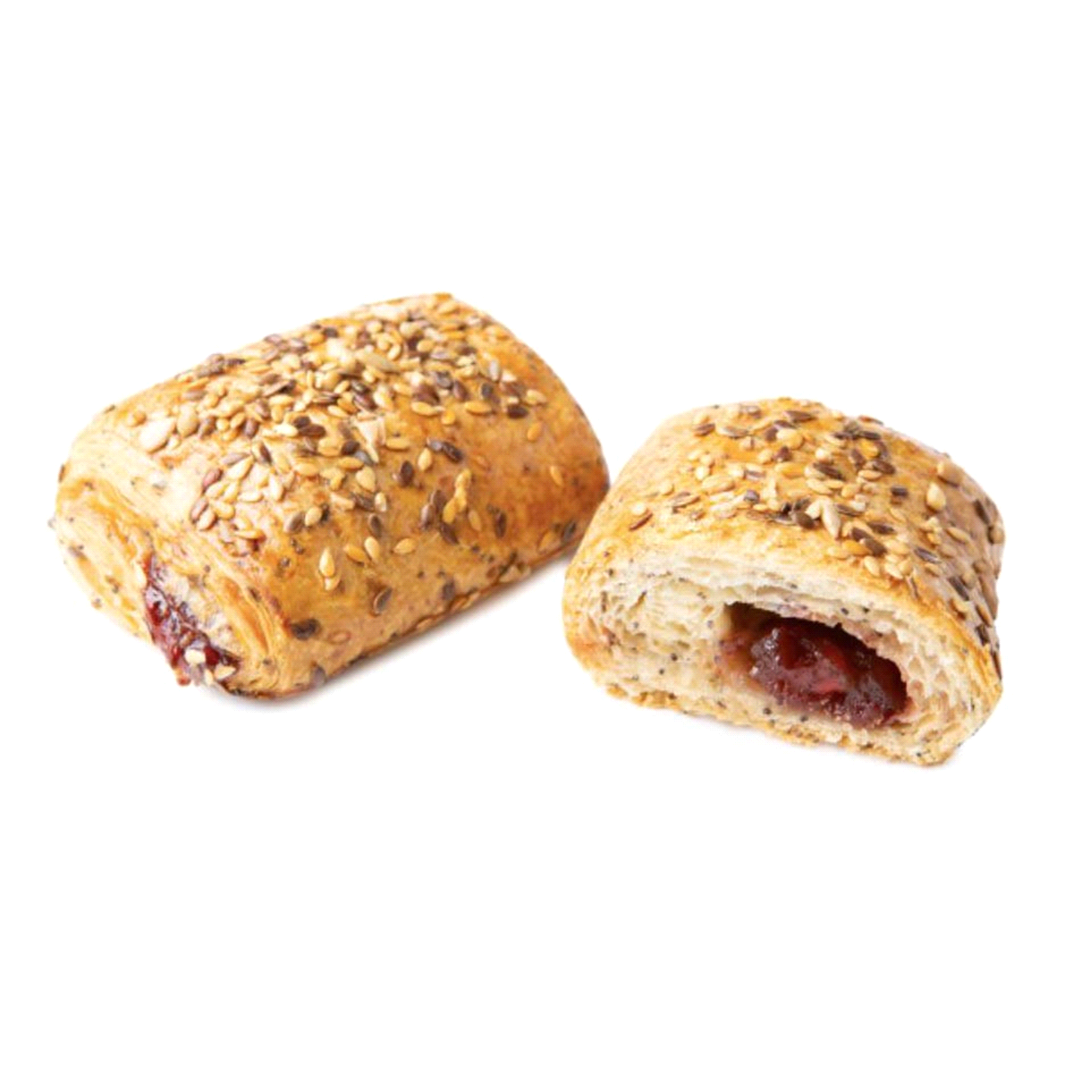 Fagottino al mirtillo rosso e bacche di Goji con topping semi di lino gialli e scuri, semi di girasolesgusciati e spezzati. Pronto forno, cuocere per 21-23 min a 170°C. Peso 85gr 