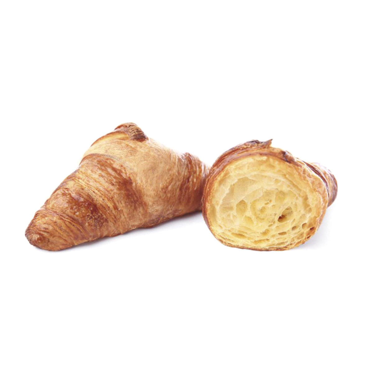 Croissant con una delicata sfoglia al burro e margarina, profumato e croccante. Ampia alveolatura interna e volume generoso. Cuocere 21-23 minuti a 170°C. 80 pezzi per cartone 