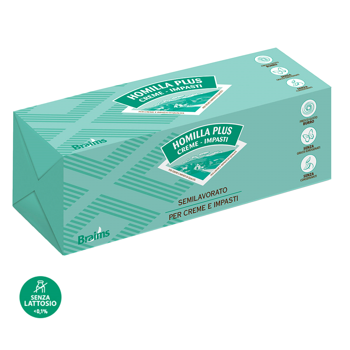 Melange per creme, frolle e impasti. Buon contenuto di burro; Senza grassi idrogenati; Gusto burro fresco e delicato; Prestazioni garantite; Senza conservanti; Certificata senza lattosio (<0,1%) 