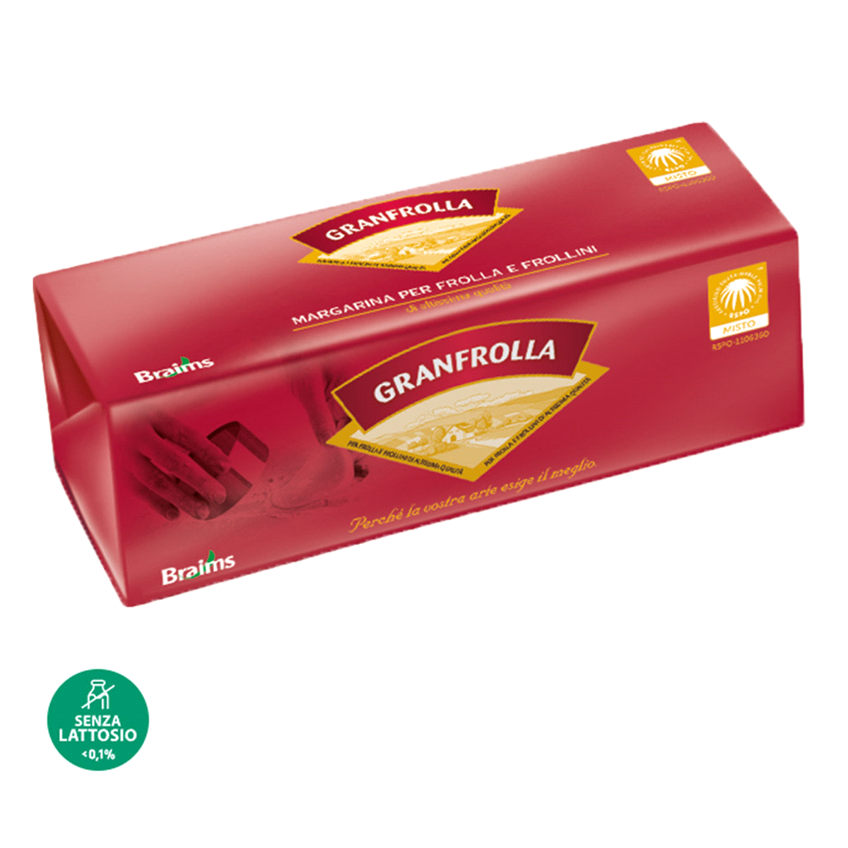 Margarina per sfoglia. Consistenza sostenuta del panetto; Frolla definita e friabilissima; Gusto pieno e rotondo; Latte nell