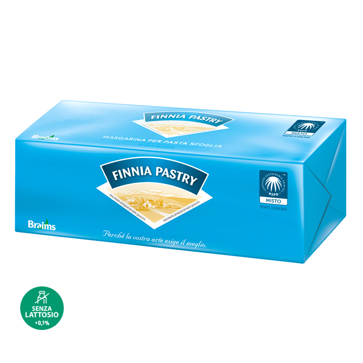Margarina per sfoglia. Temperature Tolerant 5-35°C; Formula gran sviluppo per la sfoglia; Performante con la tecnologia del freddo; Aromi esclusivi Braims; Senza conservanti; Olio di palma sostenibile; Certificata senza lattosio (<0,1%) 