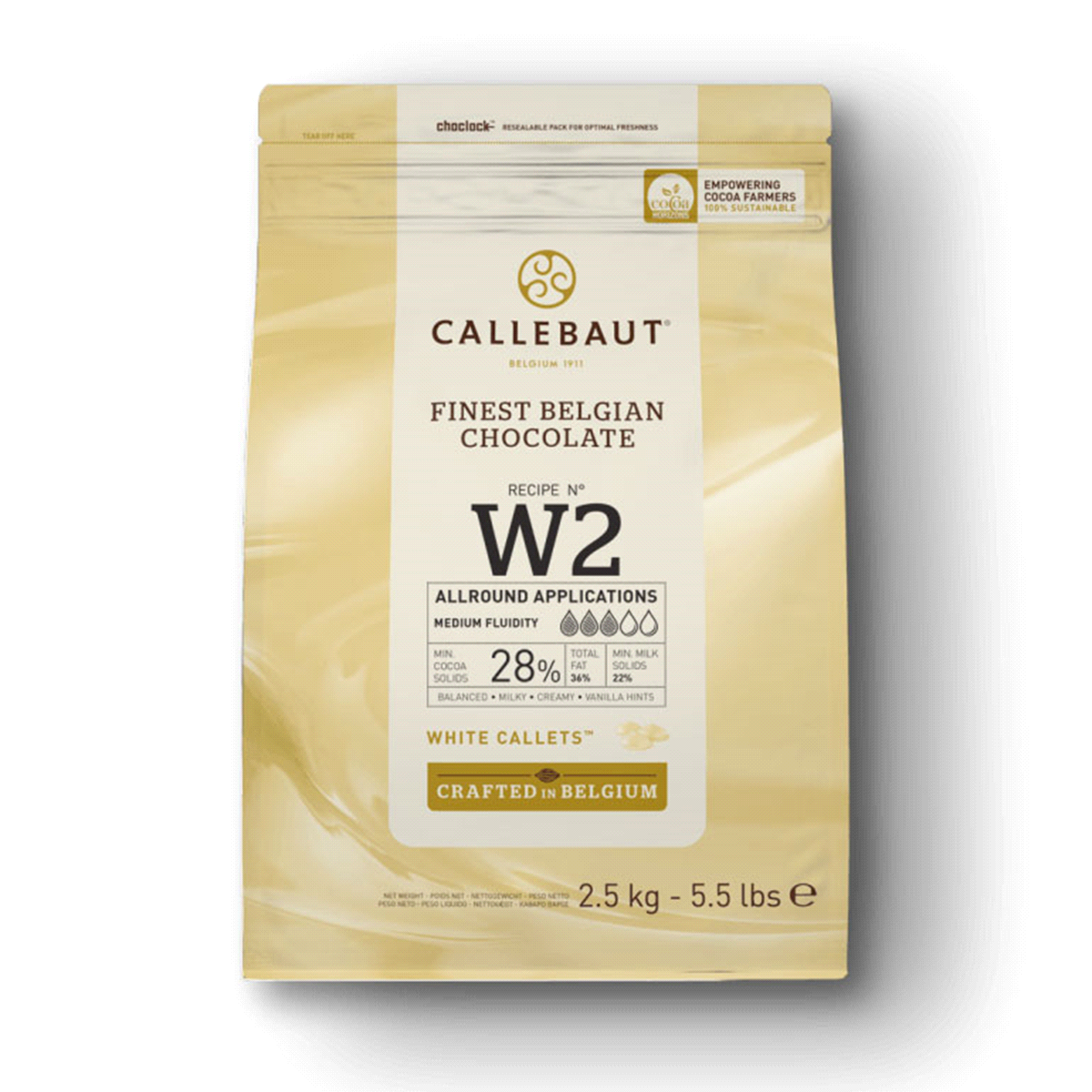 Cioccolato bianco berga. Ha un sapore al latte cremoso, al caramello e con note alla vaniglia in perfetto equilibrio. Grazie alla sua fluidità media, è un cioccolato versatile. 