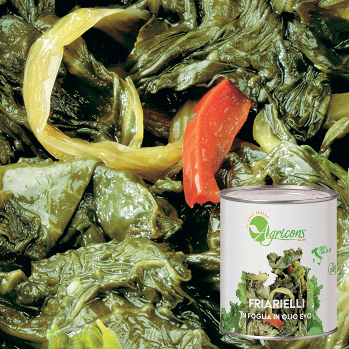 Foglie di cime di rapa in olio EVO, lavorate dal fresco, cotte e ripassate in padella con aglio e peperoncino. Ideali come contorno, per farciture di pizza e panini, per condimenti di primi piatti. 