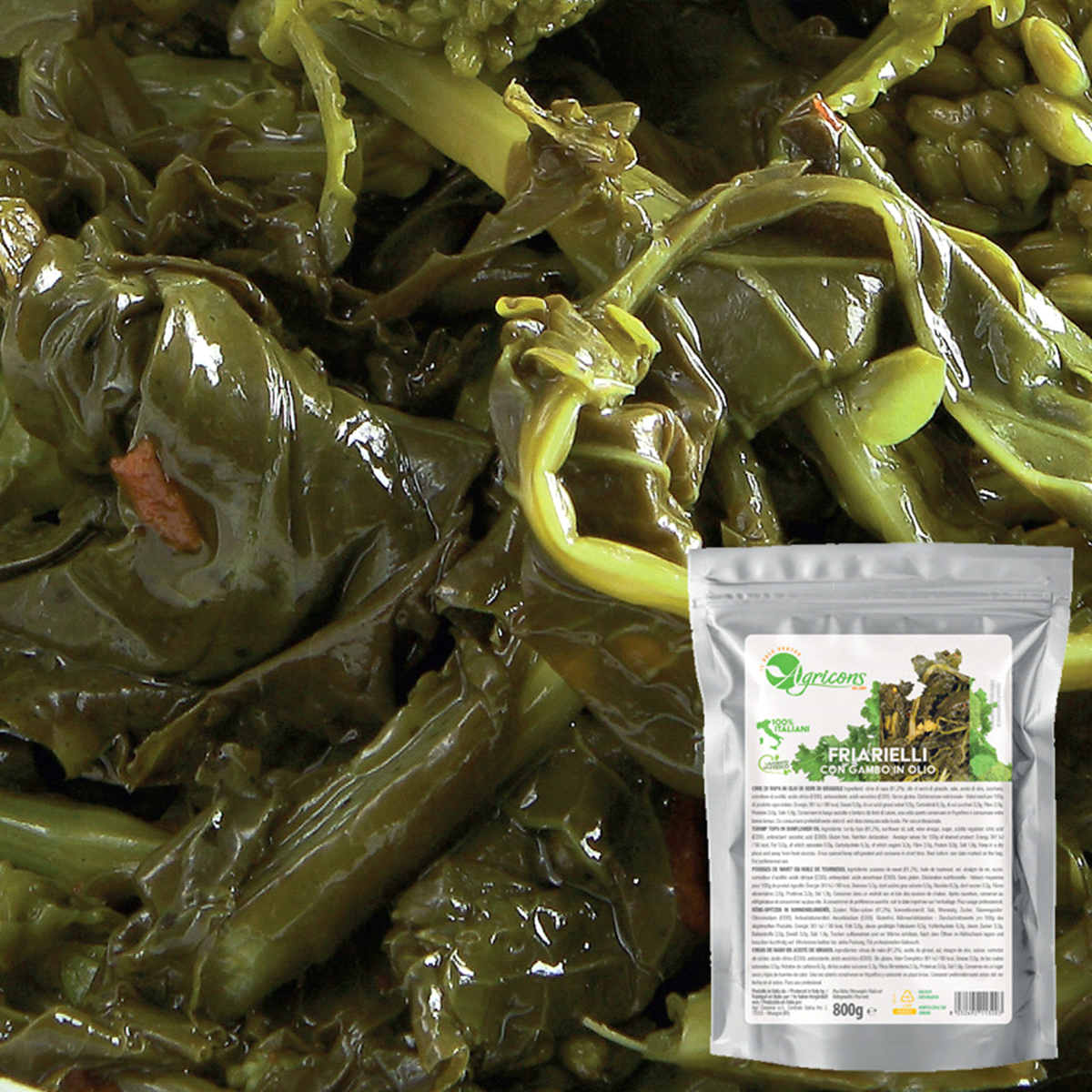 Foglie, inflorescenze e gambi di Friarielli lavorati dal fresco, leggermente scottati per preservarne la croccantezza. conservate in olio. Ideali su pizze, farciture, panini gourmet e come contorno. 