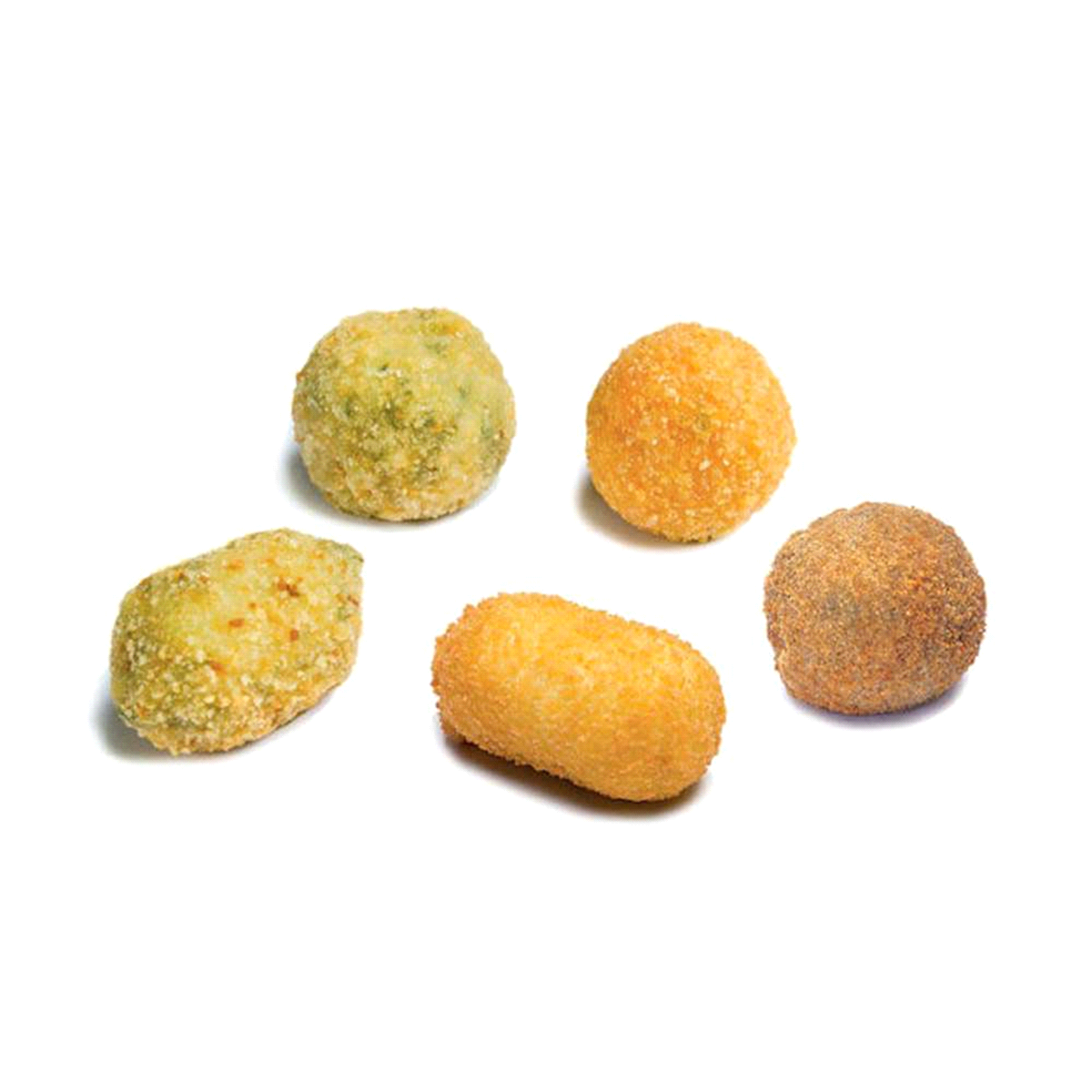 Gusti: arancino di riso agli spinaci, arancino di riso al sugo, bocconcino di patate e cime di rape, crocchè di patate, bocconcino di melanzane. 15gr cad. 170°/180°C per 3-5min 