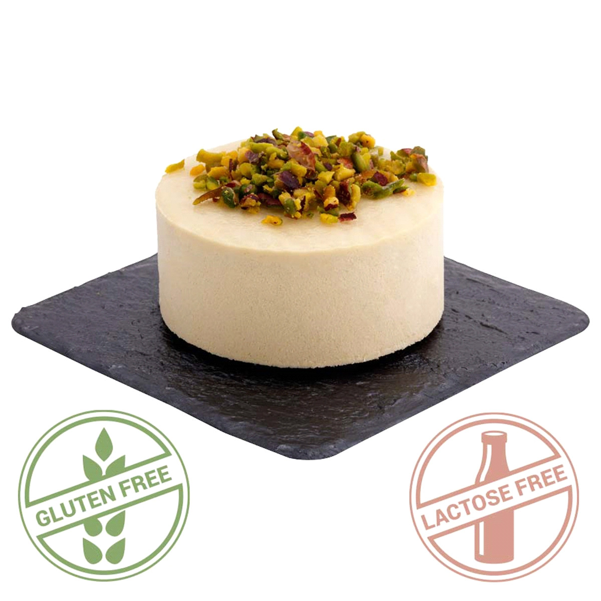 MONOPORZIONE SENZA GLUTINE e SENZA LATTOSIO. Mousse al pistacchio decorata con granella di pistacchio. 