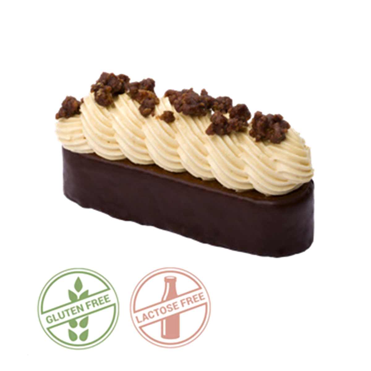 Monoporzione. Cake al fondente, crema diplomatica al caramello, cuore di caramello e crumble allo speculoos con croccante glassa al fondente. Senza glutine e lattosio. 11x4 xh4 cm. 85g. 