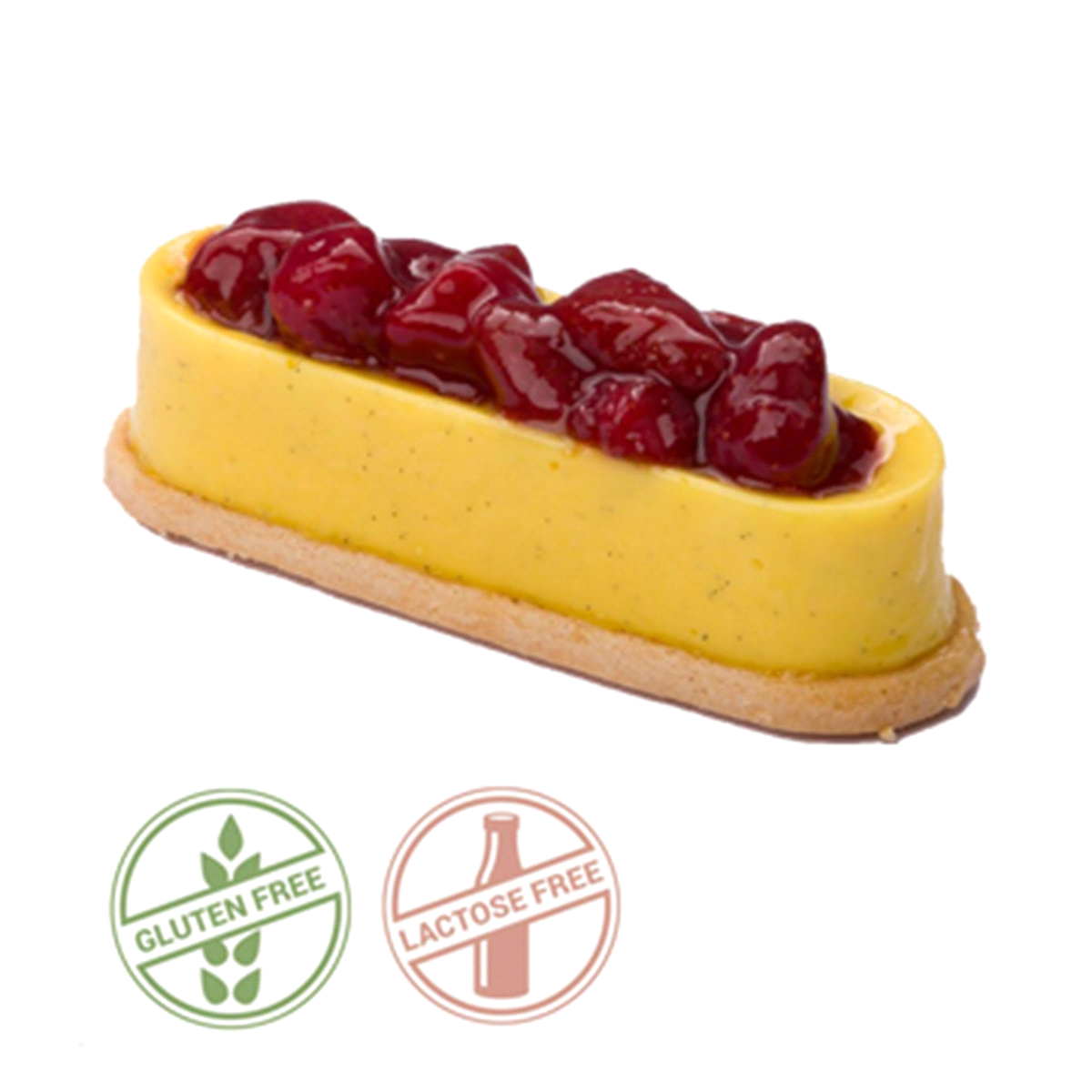 Monoporzione. Biscotto di frolla al burro delattosato, crema pasticcera alla vaniglia Bourbon, morbido gel di fragola e limone; il tutto arricchito da fragole pochée. Dimensione: 11x4 cm x h.4 cm. Peso: 85 g. 