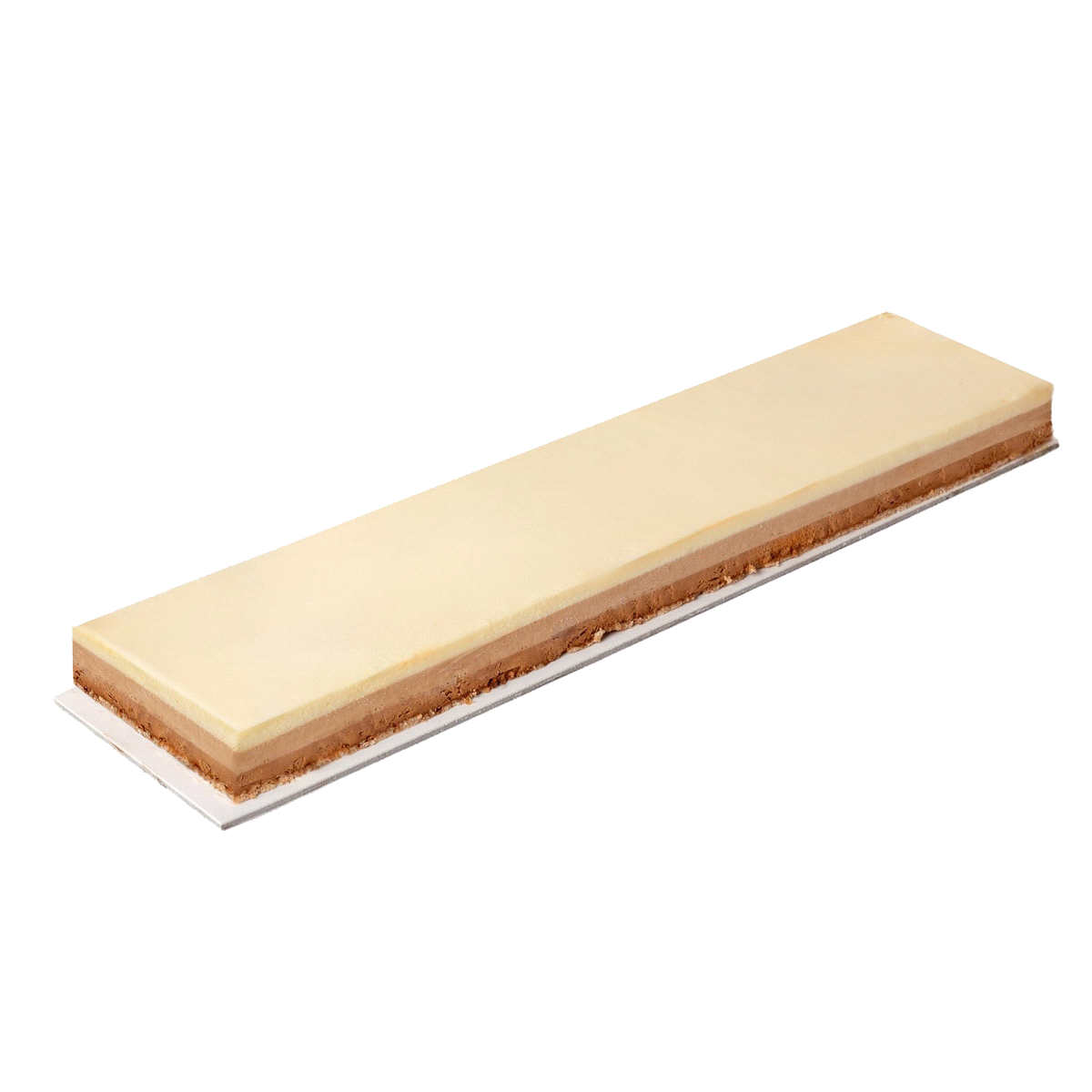 Banda semifreddo. Base croccante, bavarese al cioccolato fondente, Cremoso al cioccolato al latte, mousse al cioccolato bianco e gel neutro. 