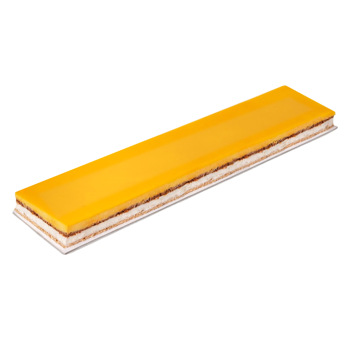 Banda semifreddo. Base croccante, mousse al cocco, bisquit arancia e lime, mousse esotica al mango e maracuja, glassa a specchio alla maracuja. 