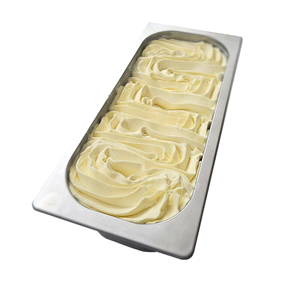 Vaschetta di gelato al gusto di vaniglia. Chiusura ermetica con coperchio in plastica trasparente. 