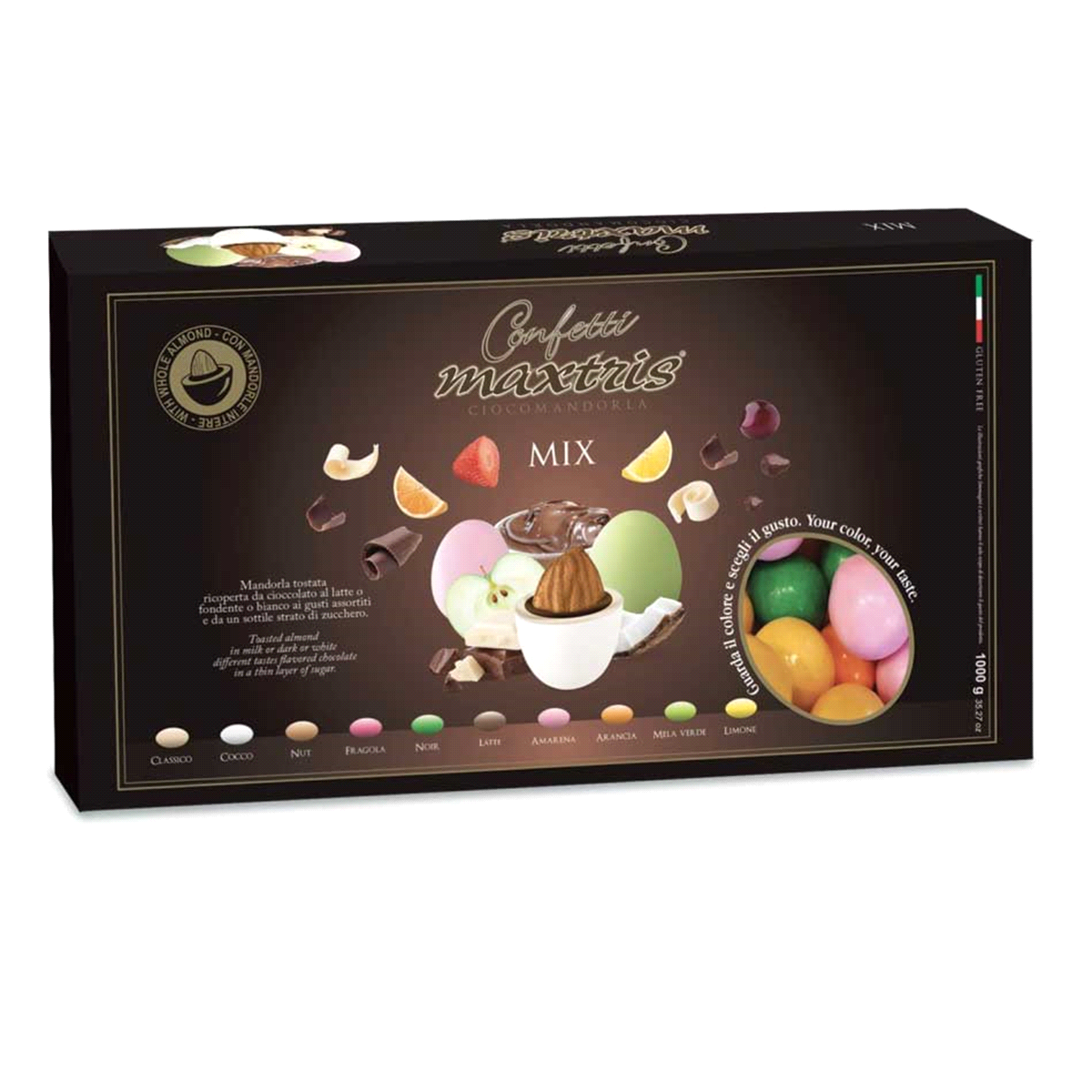 Mandorla tostata ricoperta da cioccolato al latte o fondente o bianco ai gusti assortiti (classico, amarena, arancia, limone, cocco, fragola, mela verde, latte, gianduia e fondente) e da un sottile strato di zucchero.
 