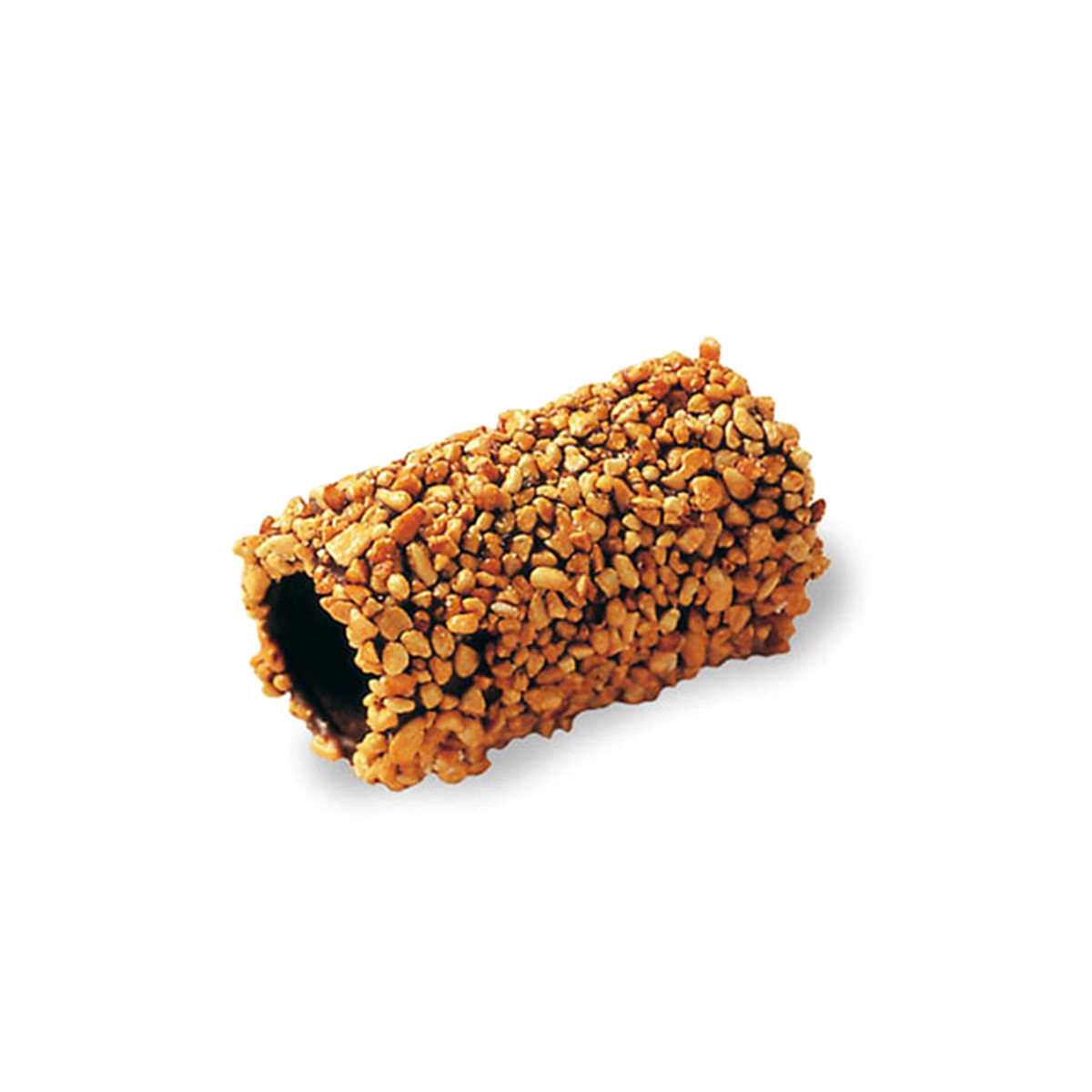 Wafer arrotolato al cacao con spolverata di riso soffiato caramellato. Dimensioni: 5 cm – Ø 1,9 cm. 