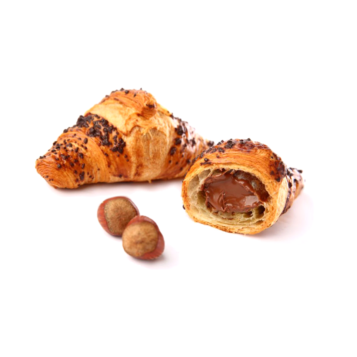 Mini croissant 40 gr prelievitato, al burro, superfarcito con crema al cioccolato e nocciole. 