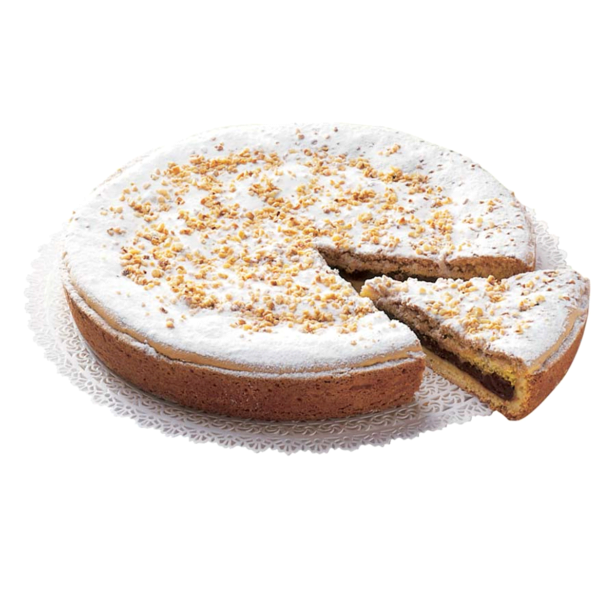 Torta alla frolla farcita con crema di cioccolato, spolverata con zucchero a velo e granella di nocciole. Scongelare 3/4 ore a temperatura ambiente. 