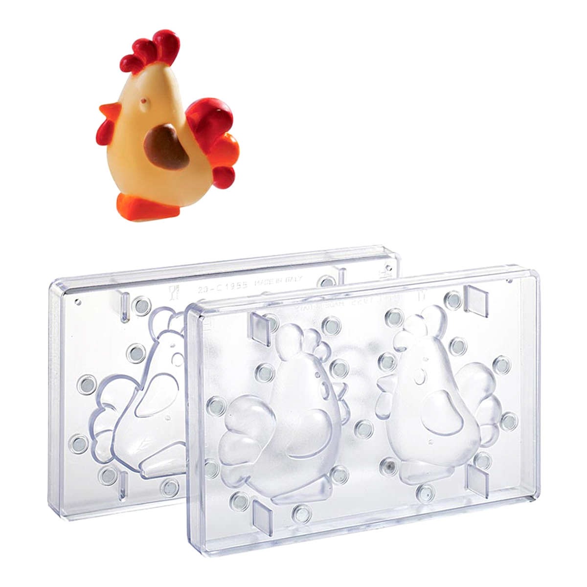 Stampo in policarbonato ad alta produttività per soggetti pasquali in cioccolato a corpo cavo a forma di gallo. Misura gallo: 100 x 160 x h 126 mm. Produttività articolo: 2 pcs 