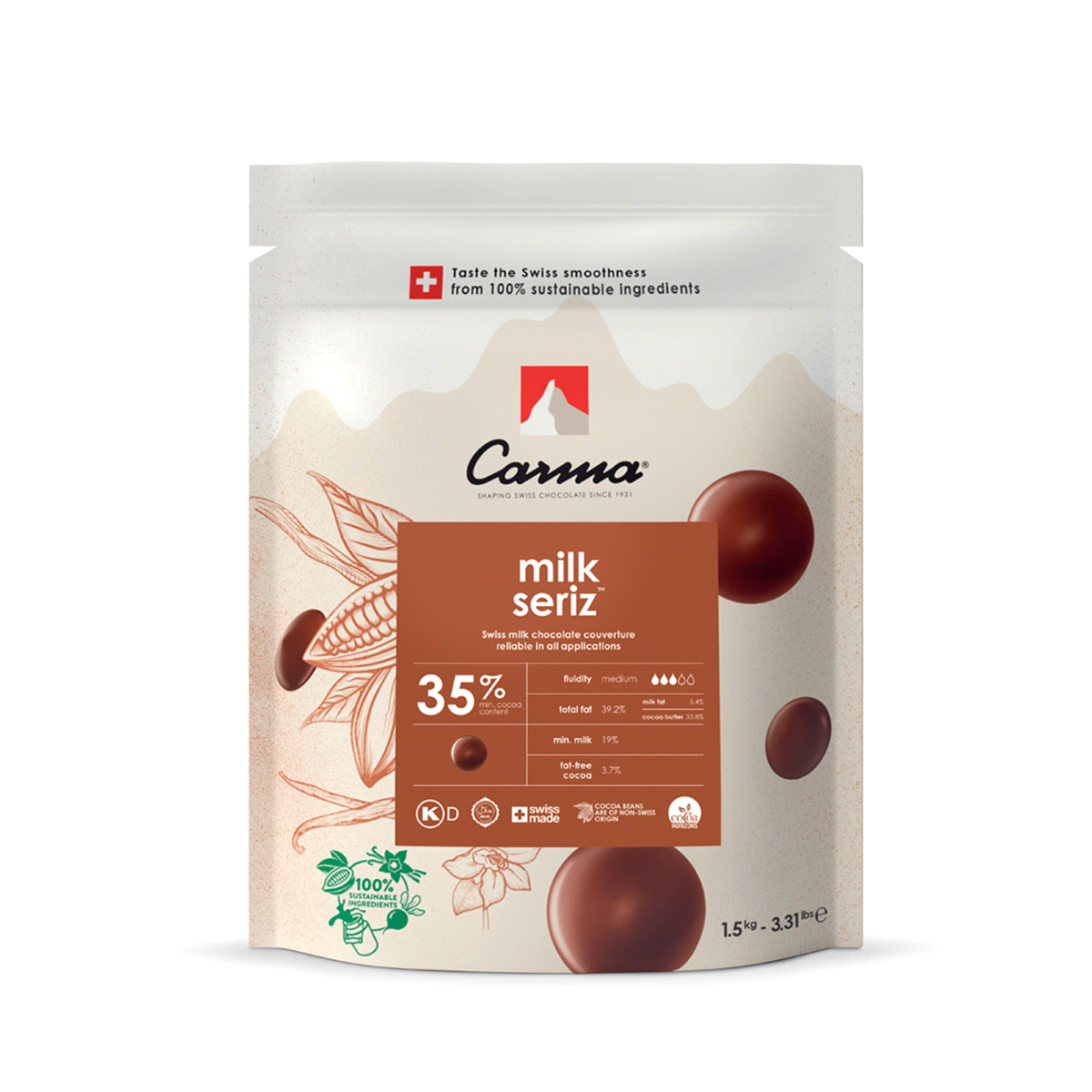 Copertura di cioccolato al latte di alta qualità, con il 37,4% di cacao e il 39,2% di grassi. Unisce intensi aromi di cacao alla morbidezza del latte svizzero, offrendo una consistenza setosa e un gusto perfettamente equilibrato. 