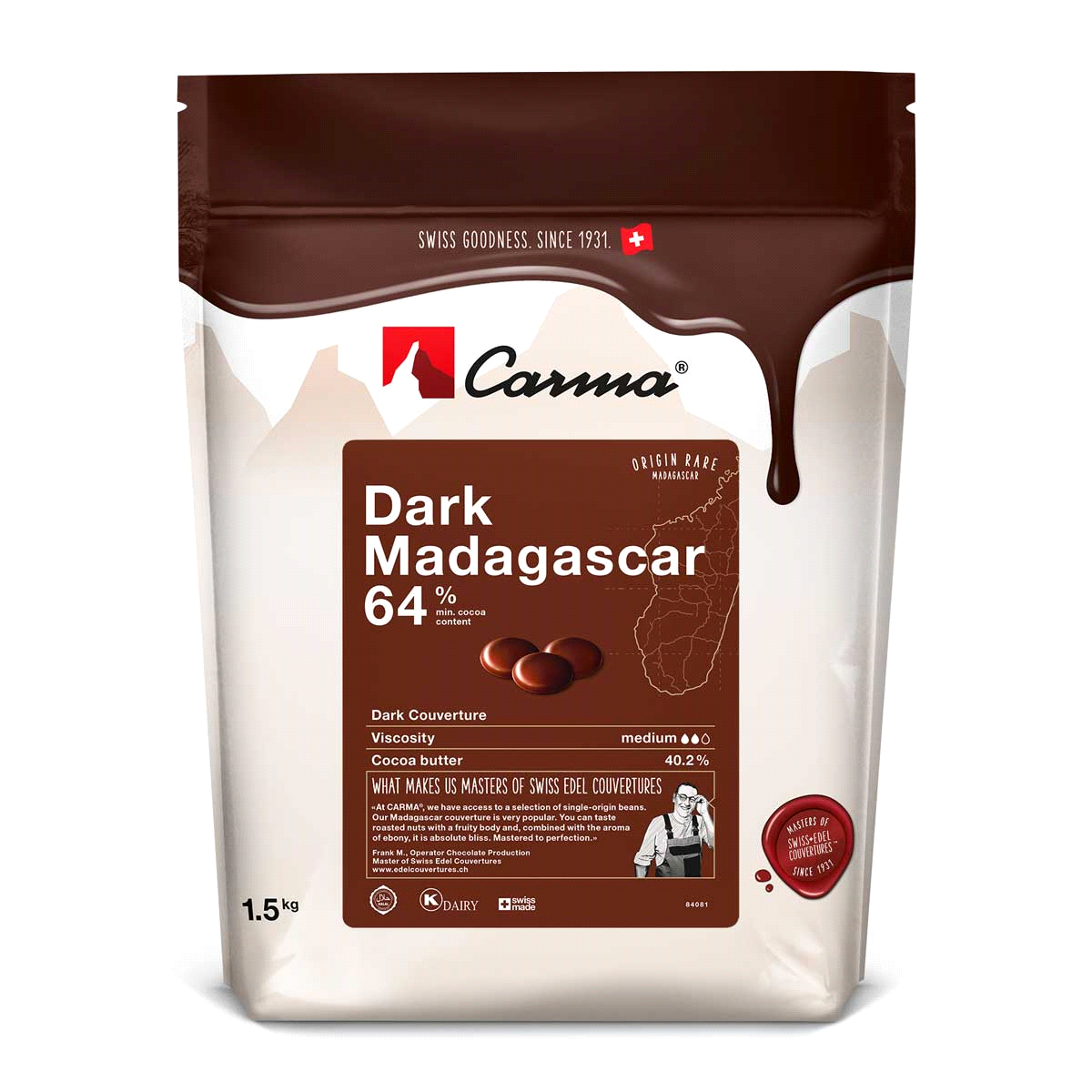 Realizzato interamente con cacao del Madagascar. Gusto intenso di cacao con note di frutti rossi e agrumi. Prodotto vegano. Fluidità: media. 