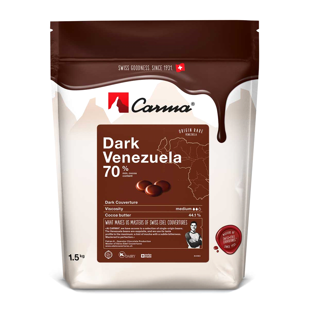 Cacao realizzato interamente con fave del Venezuela. Gusto intenso di cacao con cenni di chicchi di caffè e una delicata nota amara. Prodotto vegano. Fluidità: media. 