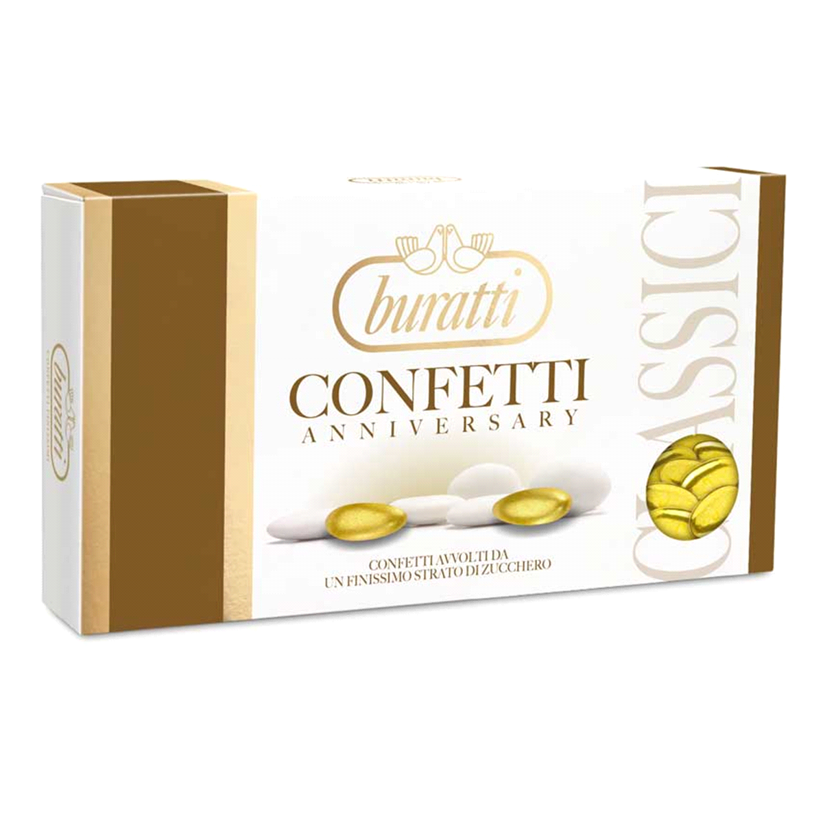 “Preziosi” confetti d’oro ripieni alla mandorla, disponibili in vari colori – oro incartato, oro colorato, oro rame colorato, oro al cioccolato fondente – e in varie forme: mandorla, confetti, cuore, cuoriandolo e lenticchia. 