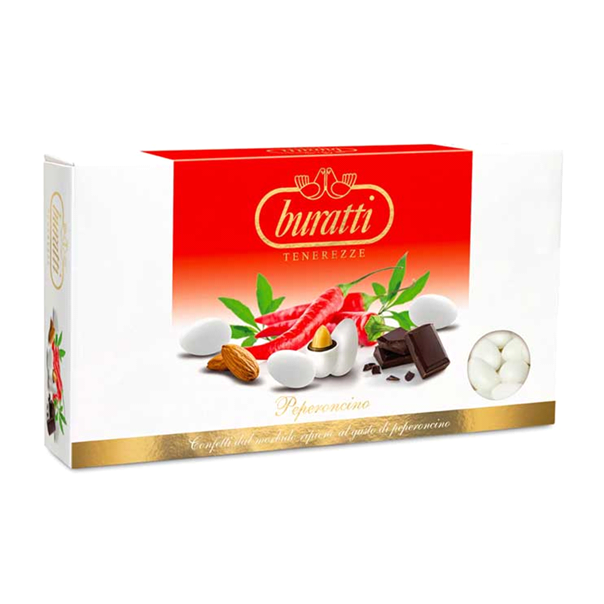 Raffinati confetti di qualità finissima, con morbido ripieno al gusto di peperoncino. Colore bianco. Confezione da 1 kg. Gluten free.
 