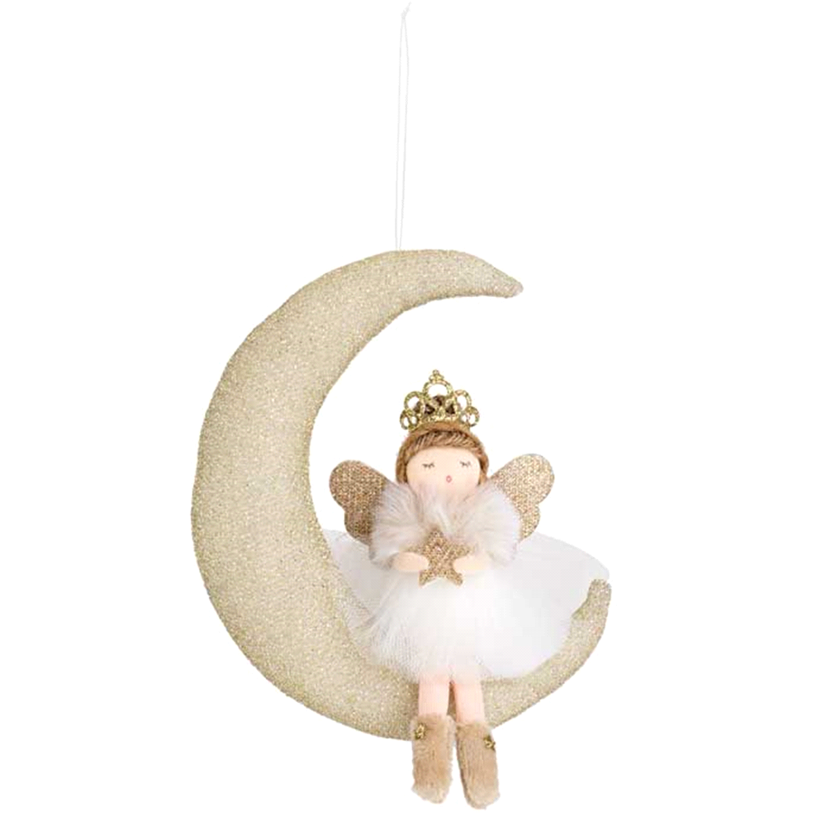 Fatina bianca/oro su luna da appendere h.17cm. 
