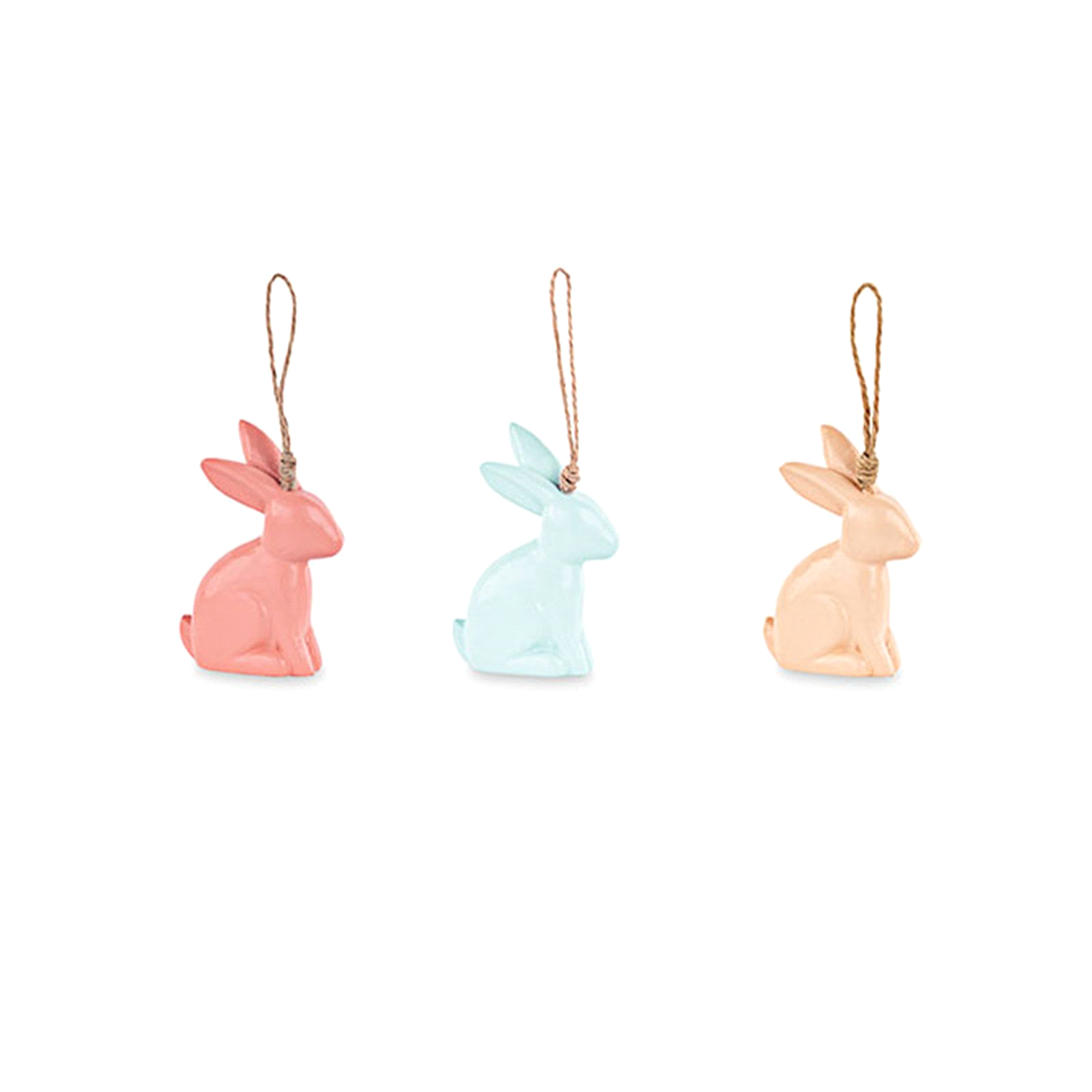 Coniglietto in legno da appendere in tre colori assortiti arancio e acqua. Dimensioni h. 10 cm. 