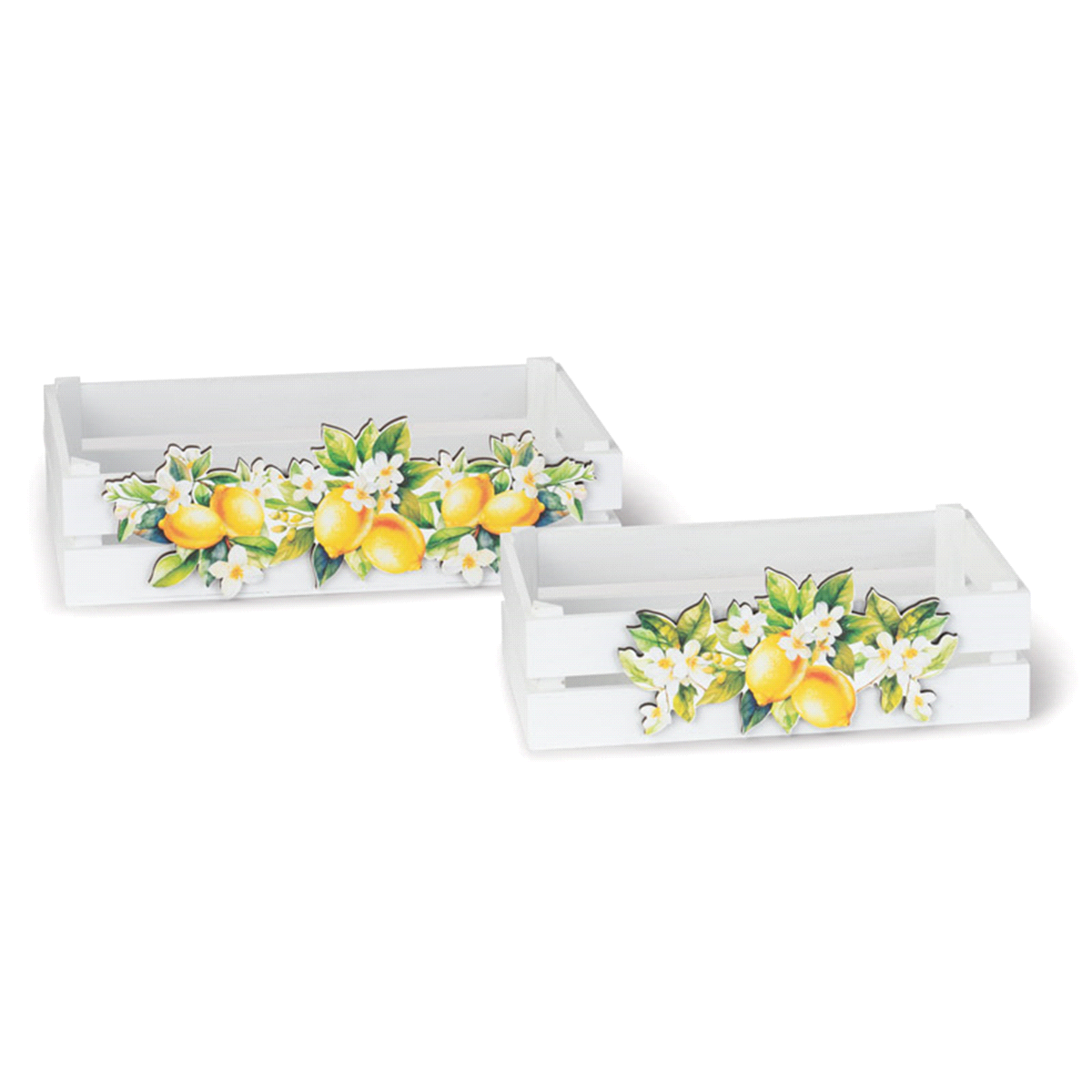 Set 2 cassette bianche con limoni. Dimensioni: 30x18xh.8,5/35x20,5xh.10,5cm. 