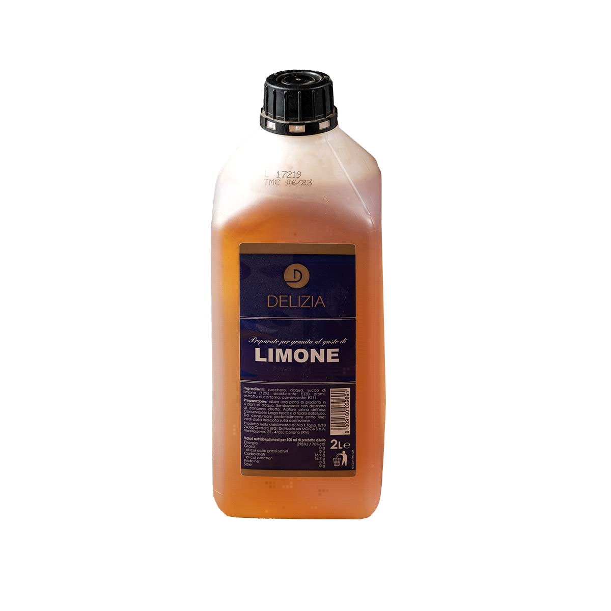 Sciroppo per realizzare una granita al limone. Dosaggio: 1 litro di prodotto + 4,5 litri di acqua. 