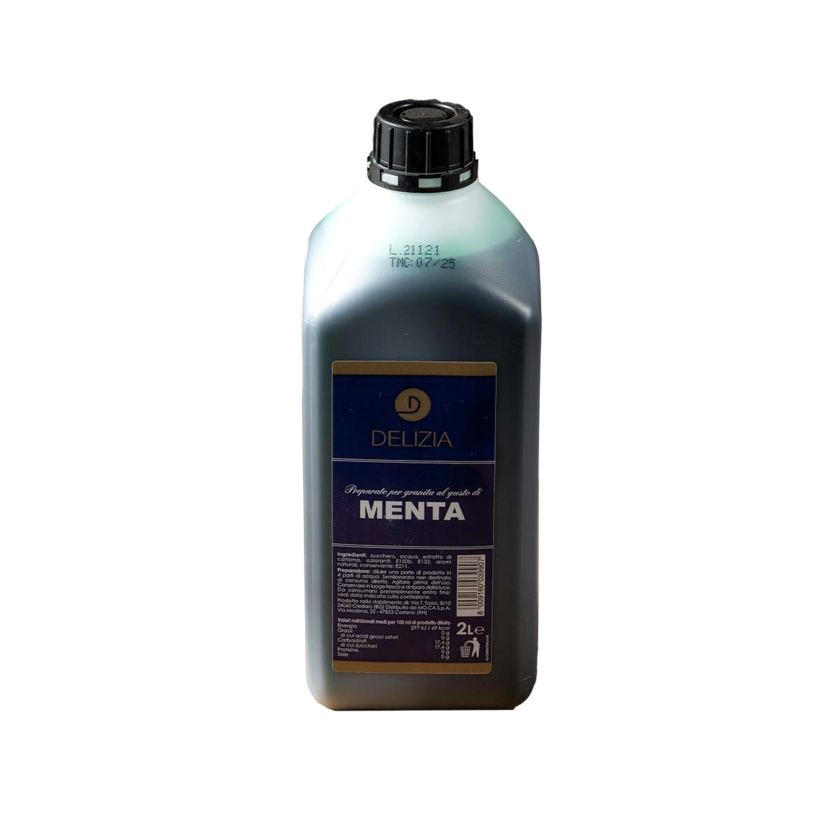 Sciroppo per realizzare una granita alla menta. Dosaggio: 1 litro di prodotto + 4,5 litri di acqua. 