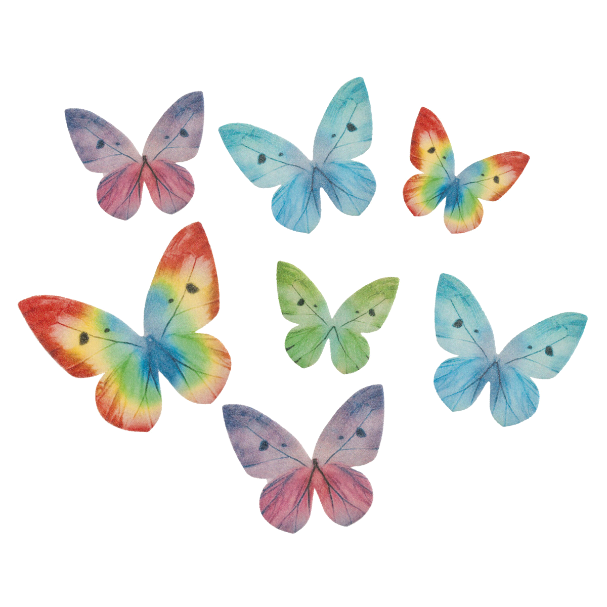 Farfalle in cialda in colori assortiti. Adatto ai vegetariani. Senza e171, Senza glutine, Senza lattosio, Senza proteine del latte, Senza zuccheri aggiunti. 