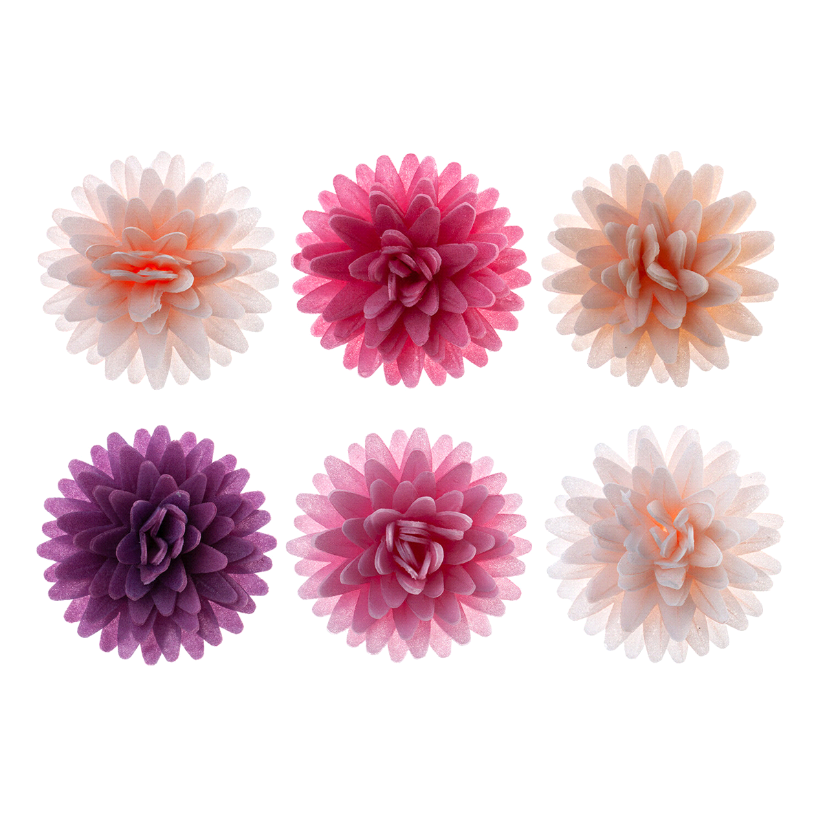 Fiori in wafer in 3 colori. Adatto ai vegetariani, Coloranti naturali, Senza e171, Senza glutine, Senza lattosio, Senza proteine del latte, Senza zuccheri aggiunti. 