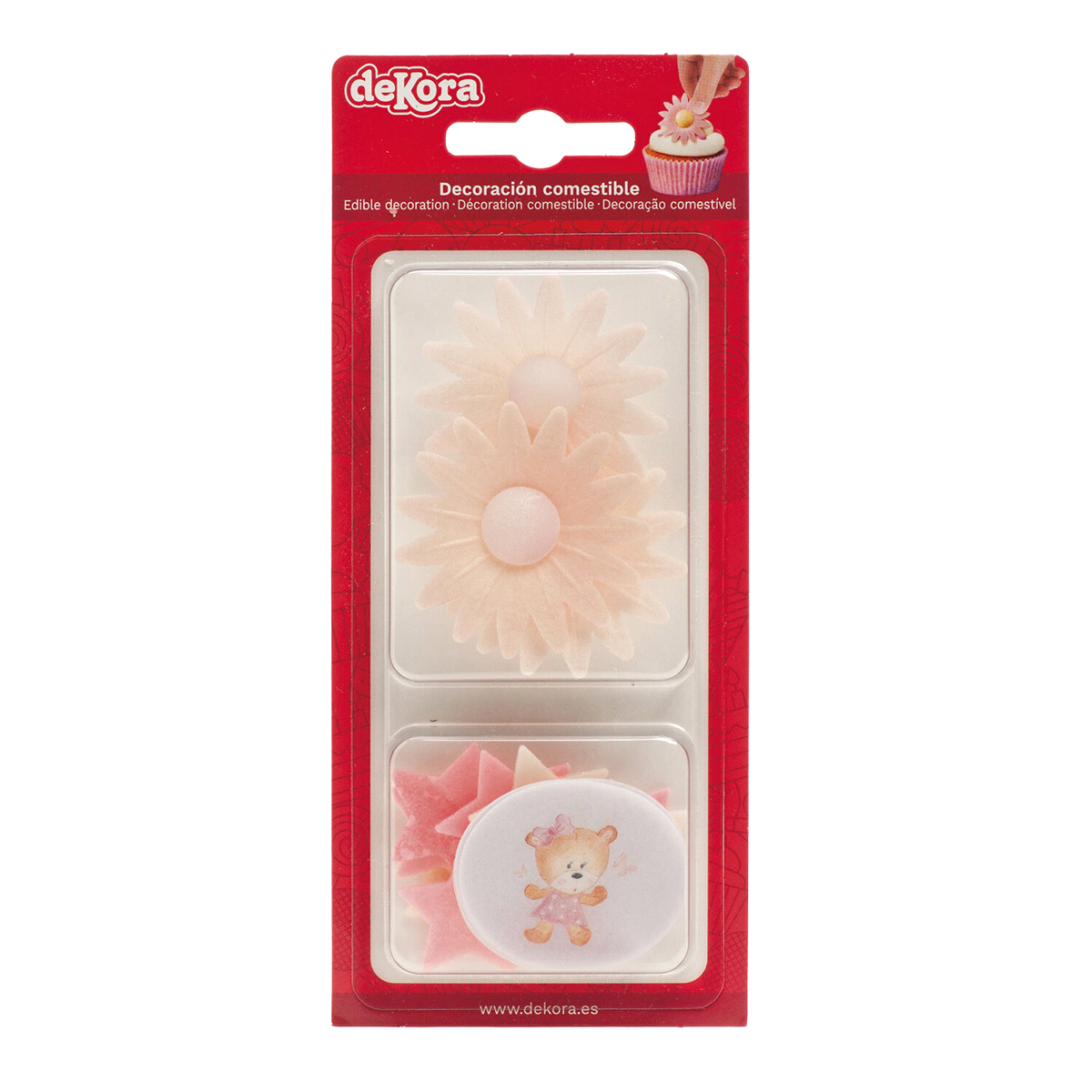 Blister assortito di cialde rosa baby/marghertita/stella. Adatto ai vegetariani, Senza e171, Senza glutine, Senza lattosio, Senza proteine del latte, Senza zuccheri aggiunti. 
