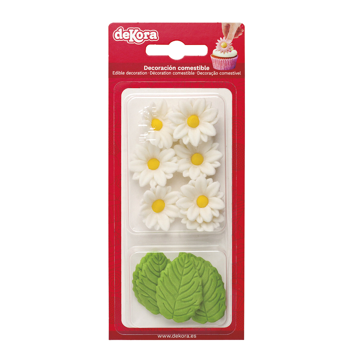 Blister di margherite bianche e foglie verdi in zucchero. Adatto ai vegetariani, Senza e171, Senza glutine, Senza lattosio, Senza proteine del latte. 