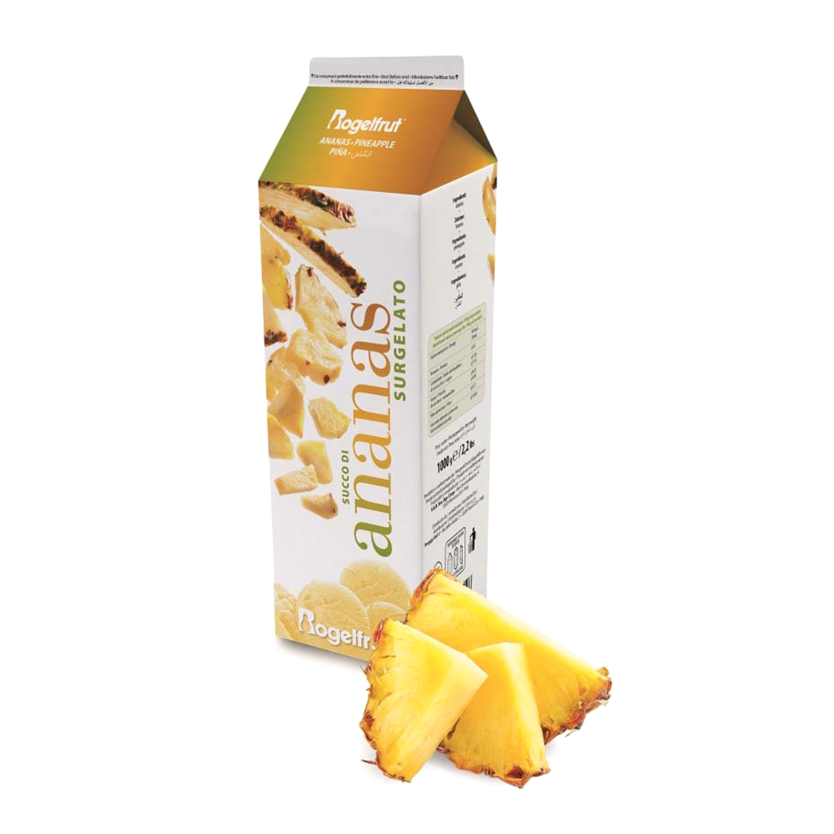 Succo di ananas dalla consistenza corposa e un sapore intenso, tipico del frutto maturo. Non contiene zuccheri aggiunti. Perfetta in gelateria, per la produzione di sorbetti, gelate, granite e frullati, in sostituzione della frutta fresca intera. 